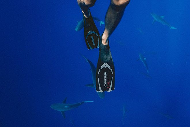 ben med svømmeføtter under vann