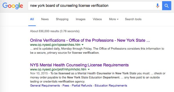 Google meklēšanas rezultāti Ņujorkas licences verifikācija