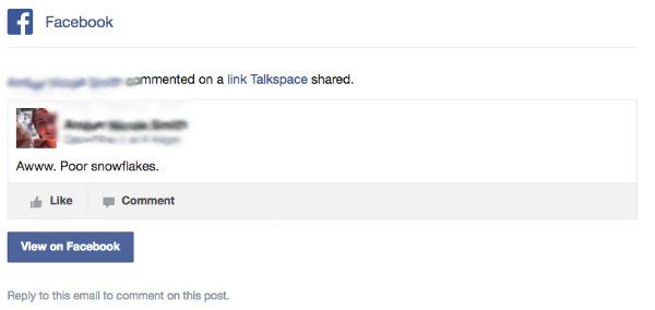 snefnug Talkspace Facebook-kommentar