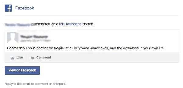 στιγμιότυπο οθόνης σχολίων snowflake Talkspace Facebook